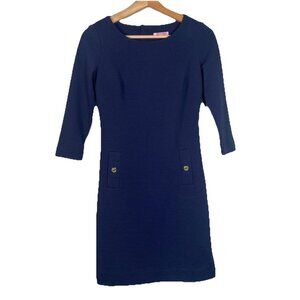 Lilly Pulitzer Charlena Navy Blue Shift Dress Size XXS Gold Button Ribbed Resort